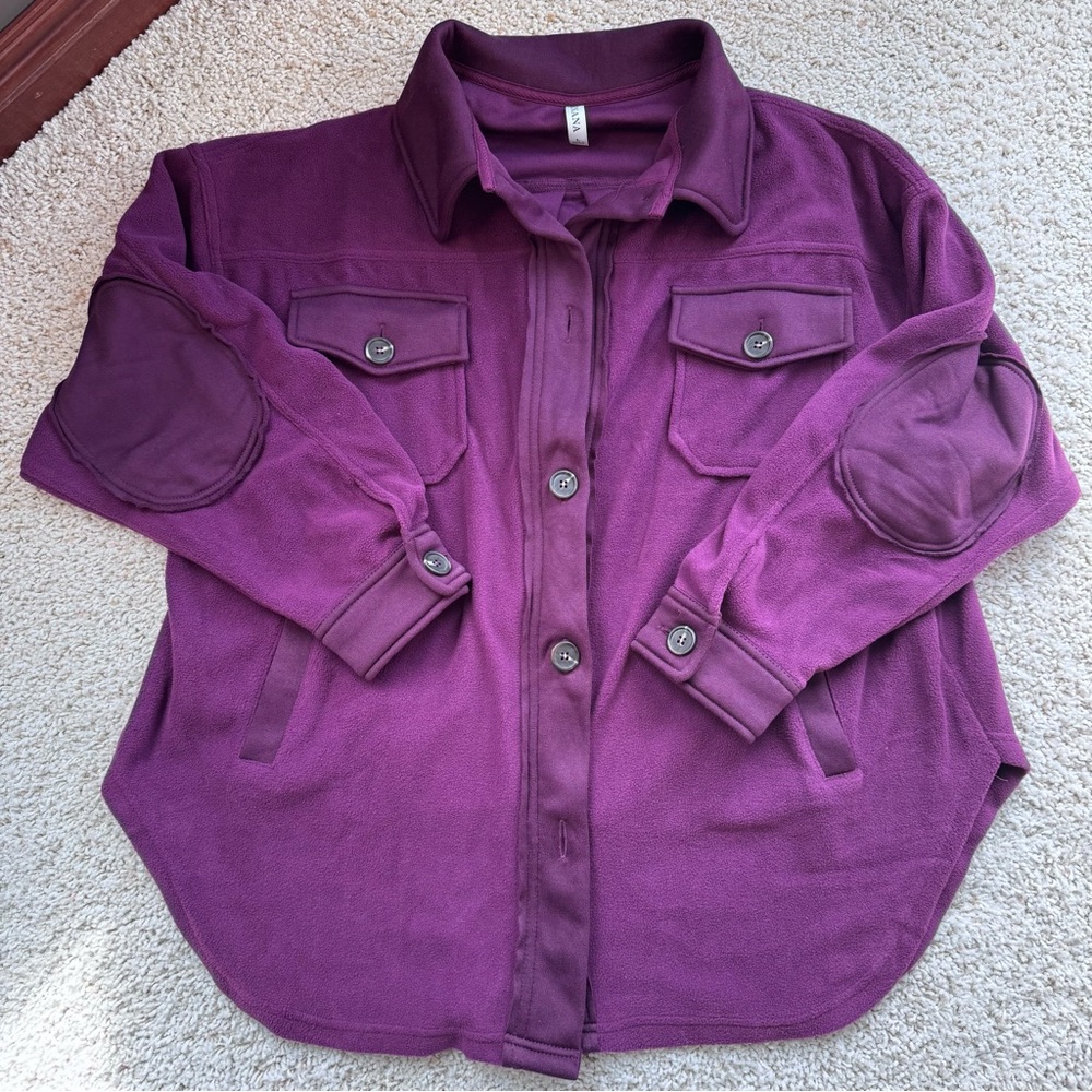 Purple Fleece Button-Up Shirt with Elbow Patches